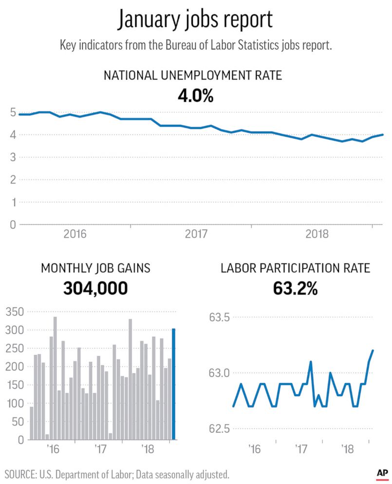 PHOTO: Graphic shows the national unemployment rate, job gains and the labor participation rate from the January 2019 jobs report.