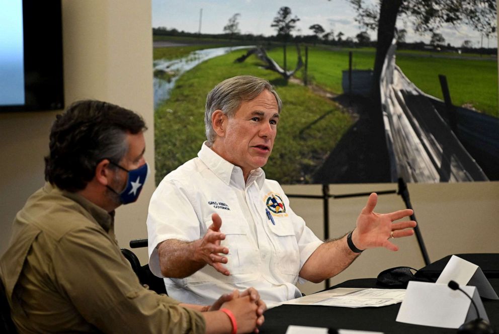 PHOTO: Texas Governor Greg Abbott attends a briefing in Orange, Texas, Aug. 29, 2020.
