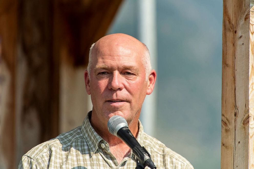 PHOTO: Montana Governor Greg Gianforte speaks at the ceremony to honor the four airman killed in a 1962 B-47 crash at 8,500 feet on Emigrant Peak on July 24, 2021 in Emigrant, Mont.