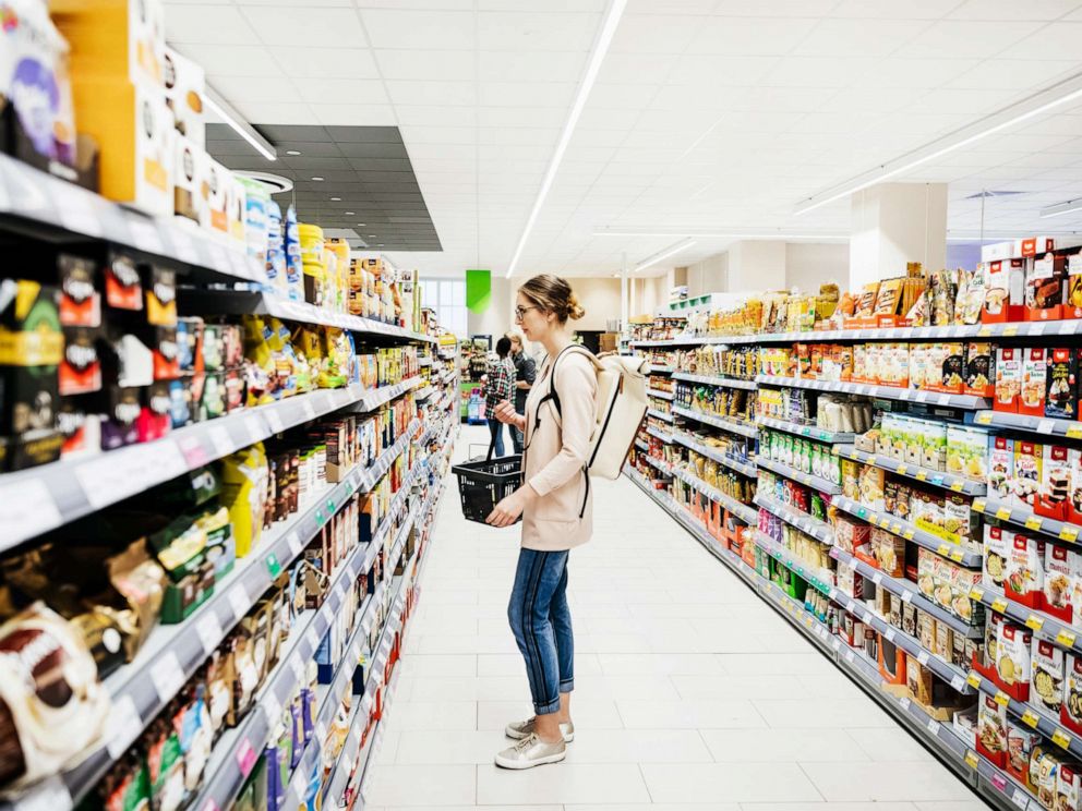 PHOTO: This undated file photo shows a supermarket aisle with people shopping for groceries.