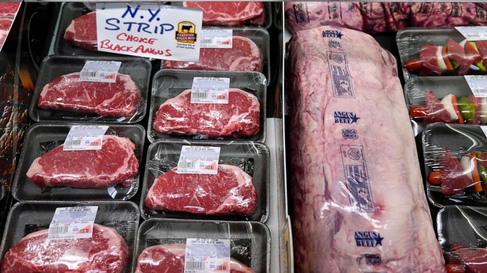 PHOTO: Beef is displayed in the meat department at Lambert's Rainbow Market, in Westwood, Mass., June 15, 2021.