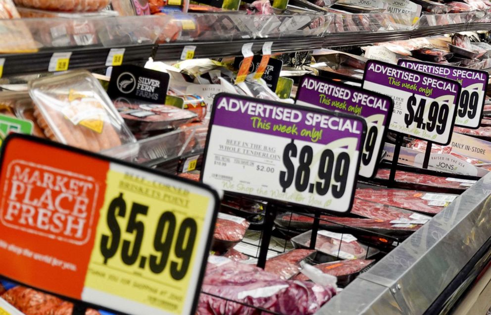 PHOTO: Beef is advertised for sale in a grocery store on Sept. 13, 2022, in Los Angeles.