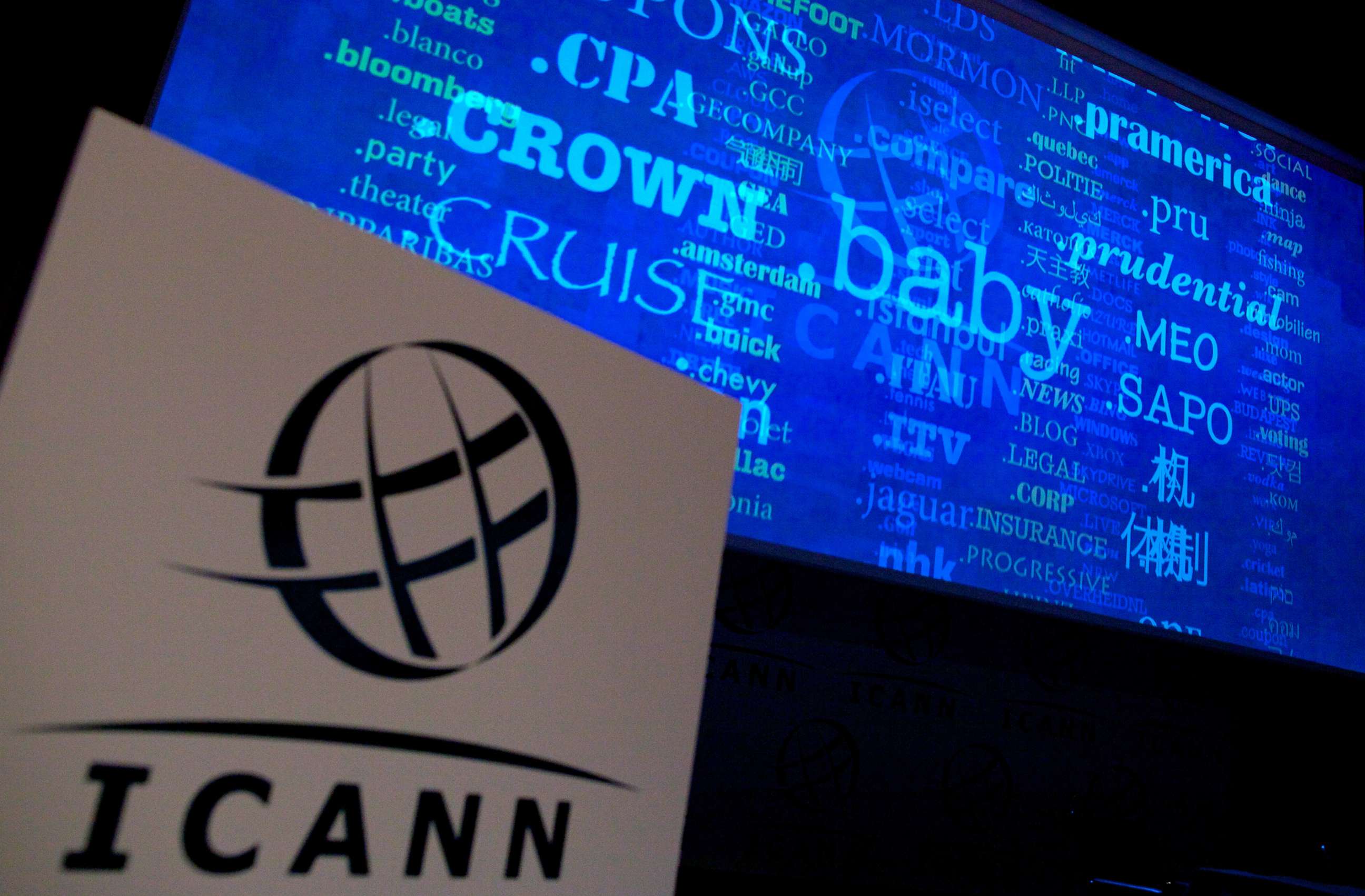 PHOTO: A screen shows a rolling feed of new 'Generic Top-Level Domain Names (gTLDs) which have been applied for during a press conference hosted by ICANN in central London, on June 13, 2012. 