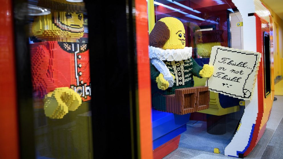 PHOTO: A lego model of playwright William Shakespeare is placed inside a large-scale model of a London underground train car, at the new flagship Lego store on Nov. 16, 2016 in London.