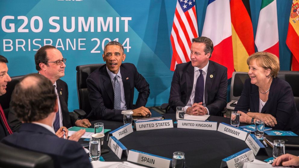 Spain's President Mariano Rajoy Brey, Italy's Prime Minister Matteo Renzi, President of France Francois Hollande, U.S. President Barack Obama, Britain's Prime Minister David Cameron and Germany's Chancellor Angela Merkel attend a meeting at the G20 Summit on Nov. 16, 2014 in Brisbane, Australia.
