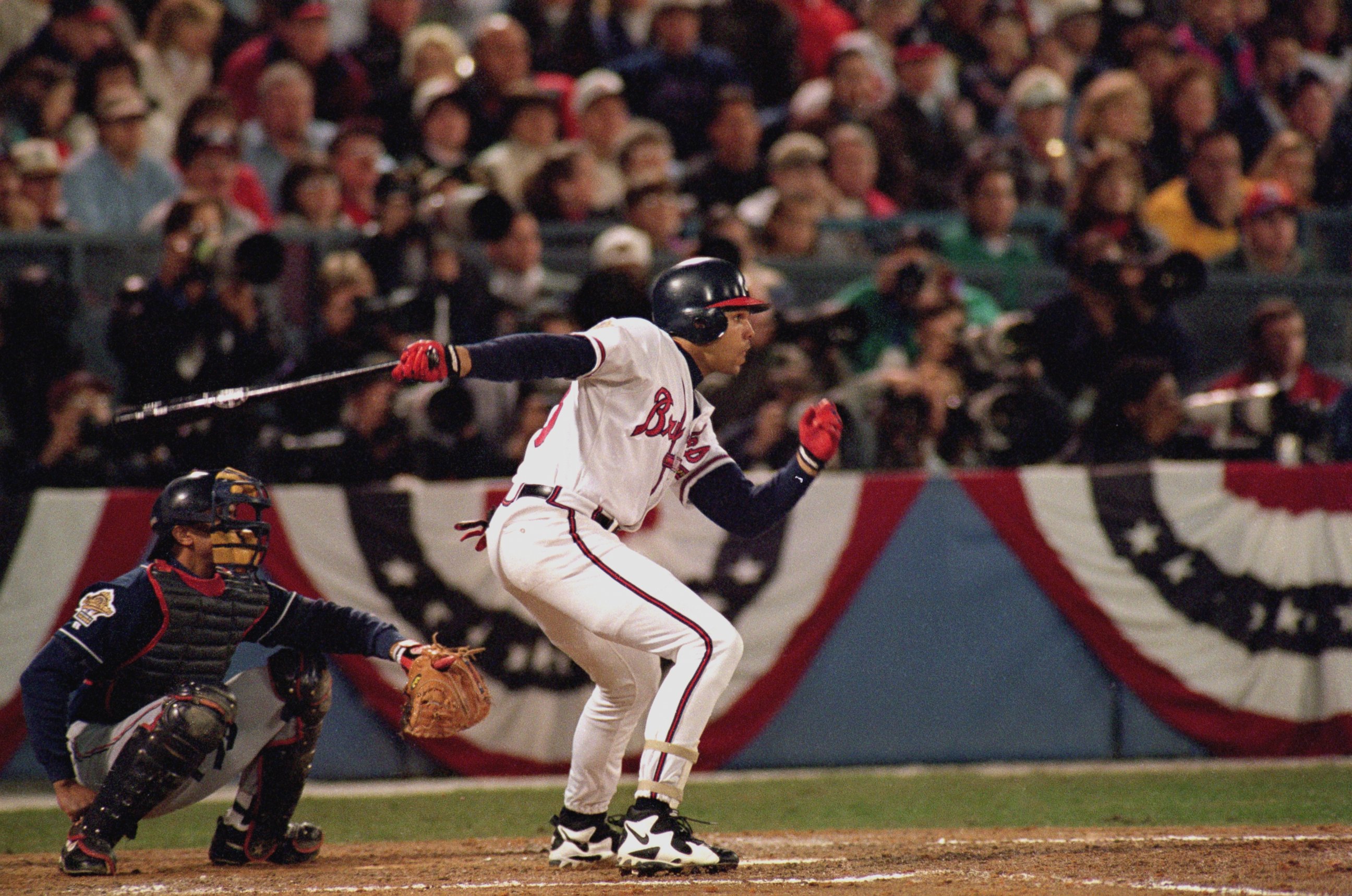 PHOTO: David Justice of the Atlanta Braves swings at a pitch during Game six of the 1995 World Series against the Cleveland Indians on October 28, 1995 in Atlanta. 