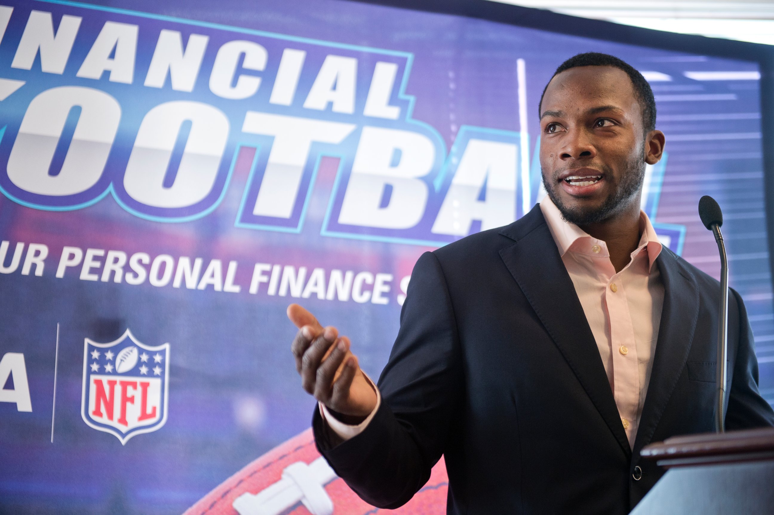 PHOTO: Detroit Lions wide receiver Ryan Broyles speaks during an event at 101 Constitution Avenue with the National Bankers Association, Visa, and NFL players, March 18, 2015, to educate teens about financial responsibility.