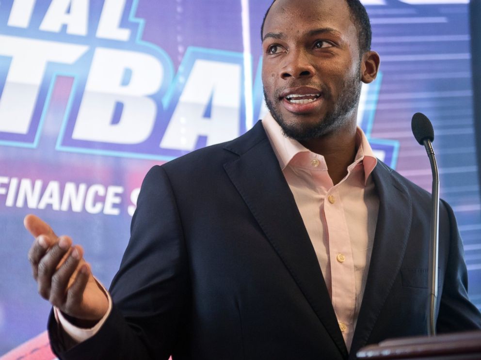 PHOTO: Detroit Lions wide receiver Ryan Broyles speaks during an event at 101 Constitution Avenue with the National Bankers Association, Visa, and NFL players, March 18, 2015, to educate teens about financial responsibility.