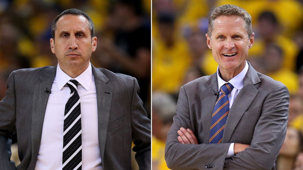 PHOTO: Steve Kerr, left, of the Golden State Warriors on May 27, 2015 and head coach David Blatt of the Cleveland Cavaliers on June 7, 2015 in Oakland, California. 