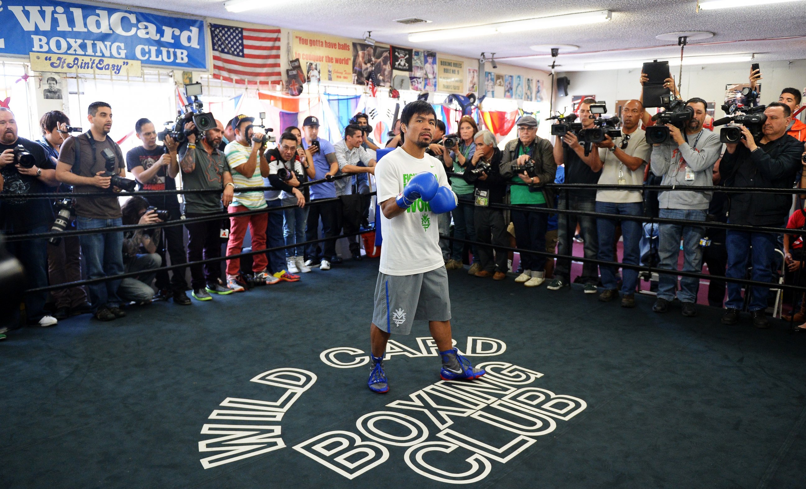 PHOTO: Manny Pacquiao of the Philippines takes his media workout at the Wild Card Boxing Club on April 02, 2014 in Hollywood, Calif.