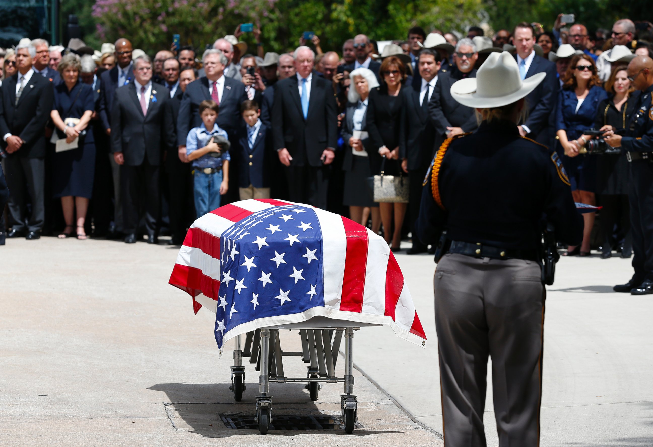 PHOTO: Harris County Sheriff's Deputy Darren Goforth's casket is seen following his funeral at Second Baptist Church on Sept. 4, 2015, in Houston, Texas.