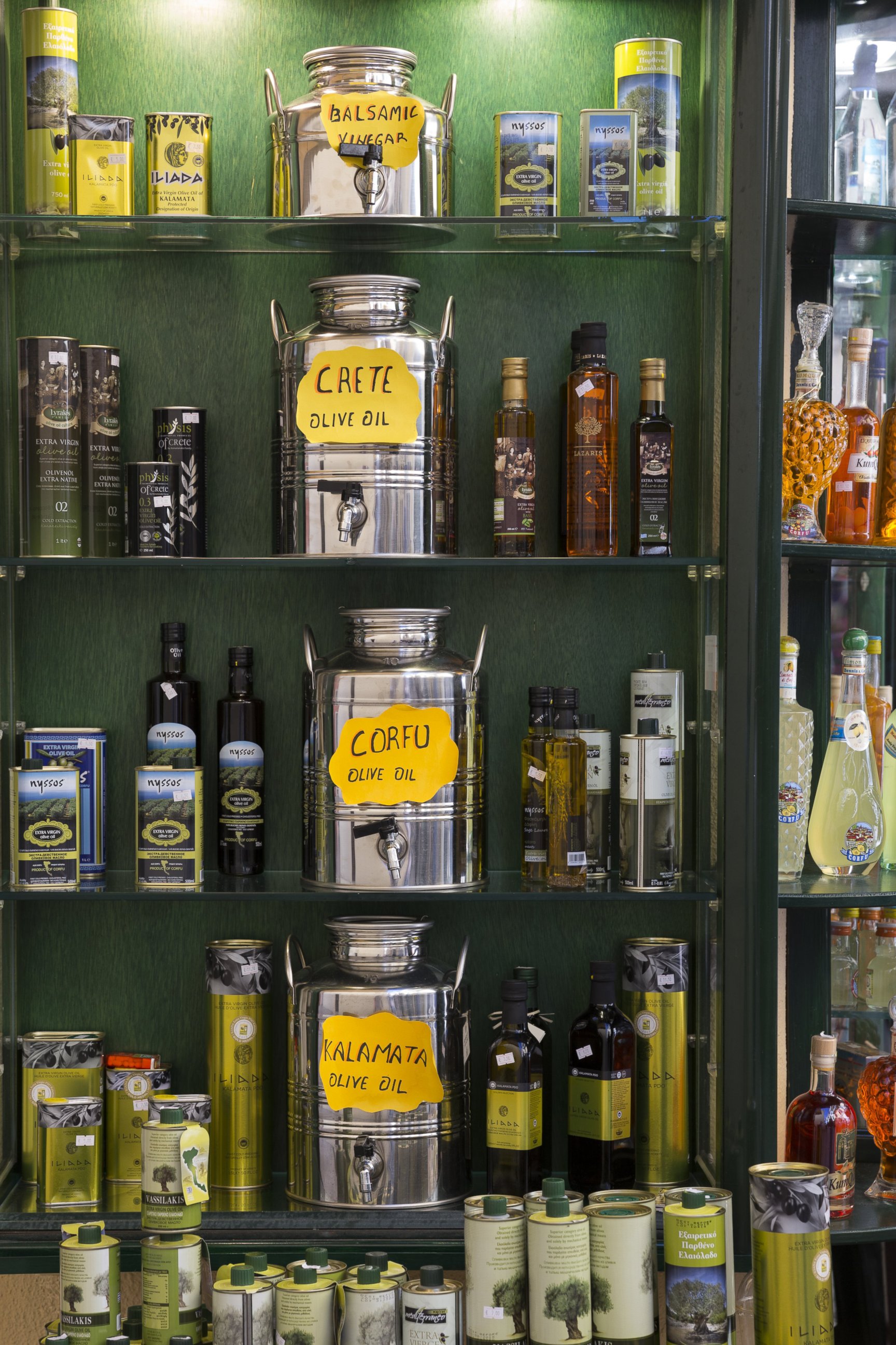 PHOTO: A souvenir shop selling olives and olive oil products in Kerkyra, Corfu Town, Greece.