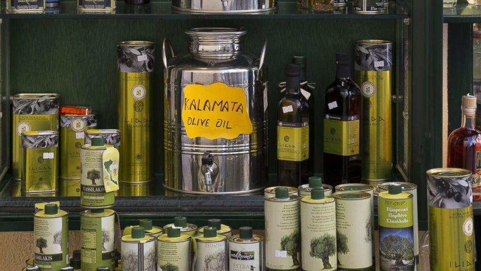 PHOTO: A souvenir shop selling olives and olive oil products in Kerkyra, Corfu Town, Greece.