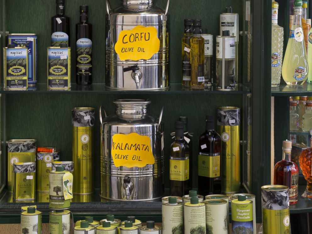 PHOTO: A souvenir shop selling olives and olive oil products in Kerkyra, Corfu Town, Greece.