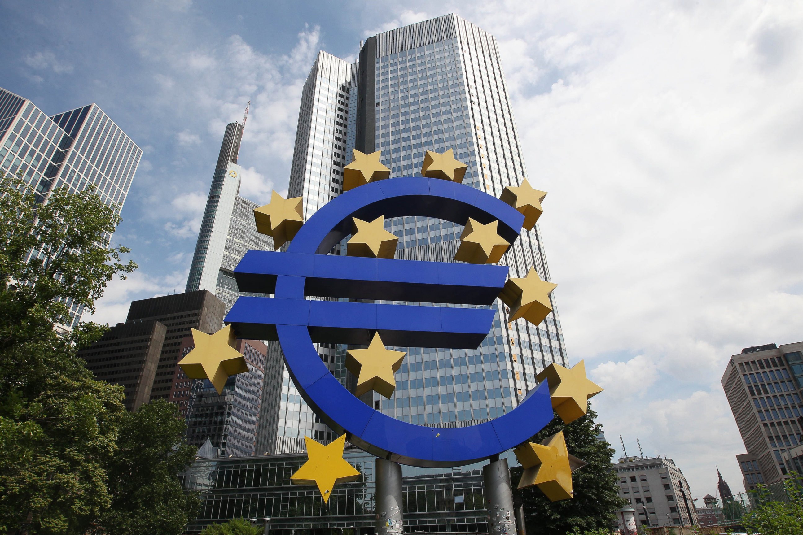 PHOTO: A huge logo of the Euro currency is seen in front of the former headquarters of the European Central Bank (ECB) in Frankfurt, Germany, on June 29, 2015. 