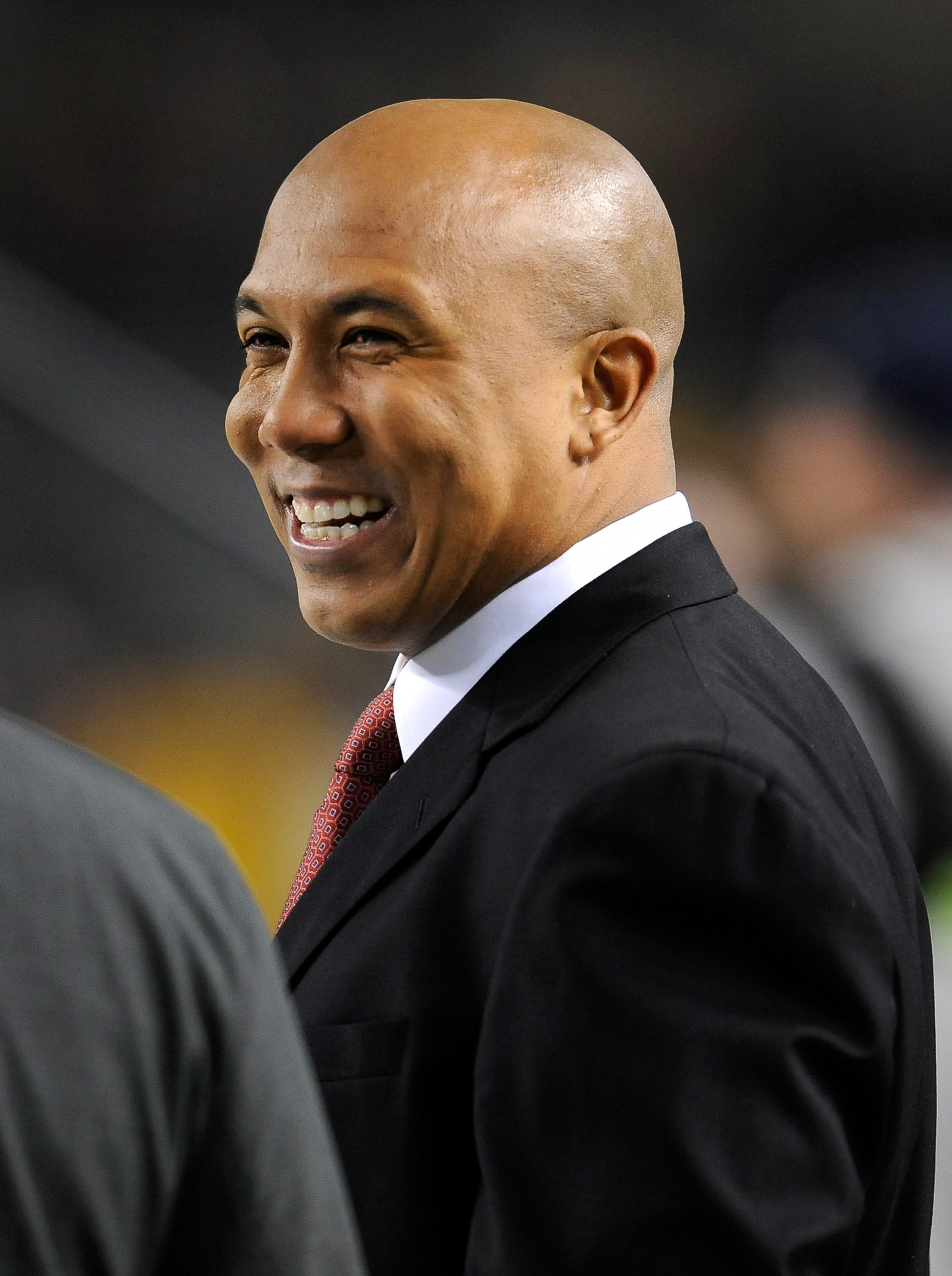 PHOTO: Announcer Hines Ward looks on before the game between the Pittsburgh Steelers and the Baltimore Ravens on Nov. 18, 2012, at Heinz Field in Pittsburgh, Pa.