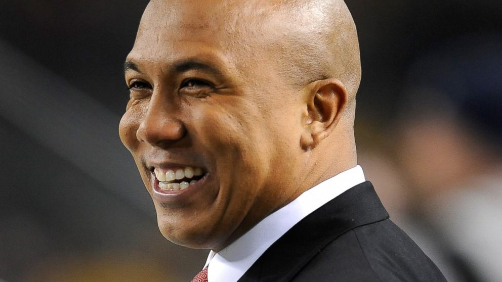 PHOTO: Announcer Hines Ward looks on before the game between the Pittsburgh Steelers and the Baltimore Ravens on Nov. 18, 2012, at Heinz Field in Pittsburgh, Pa.