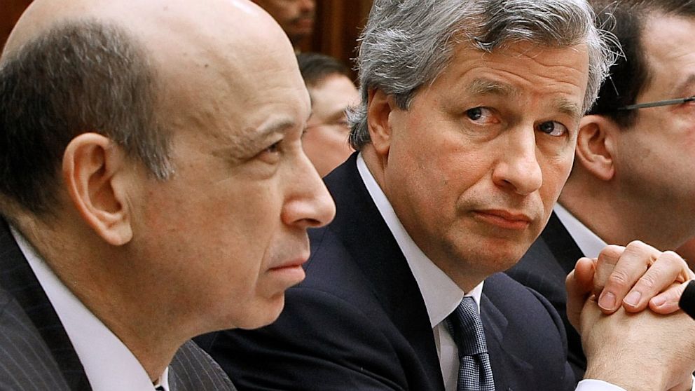 Goldman Sachs CEO Lloyd Blankfein, left, and JPMorgan Chase CEO James Dimon, testify on Capitol Hill in Washington, Feb. 11, 2009, before the House Financial Services Committee.