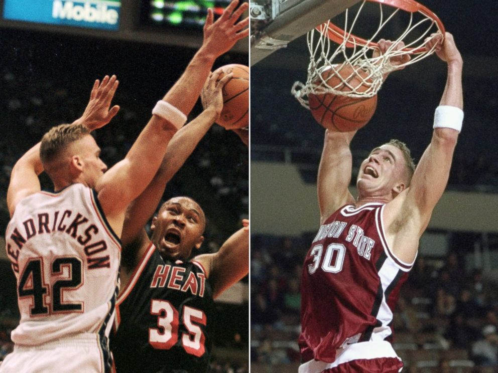 PHOTO: Mark Hendrickson plays with the New Jersey Nets in 1999 in Rutherford, N.J. and with the Washington State Cougars in 1995.