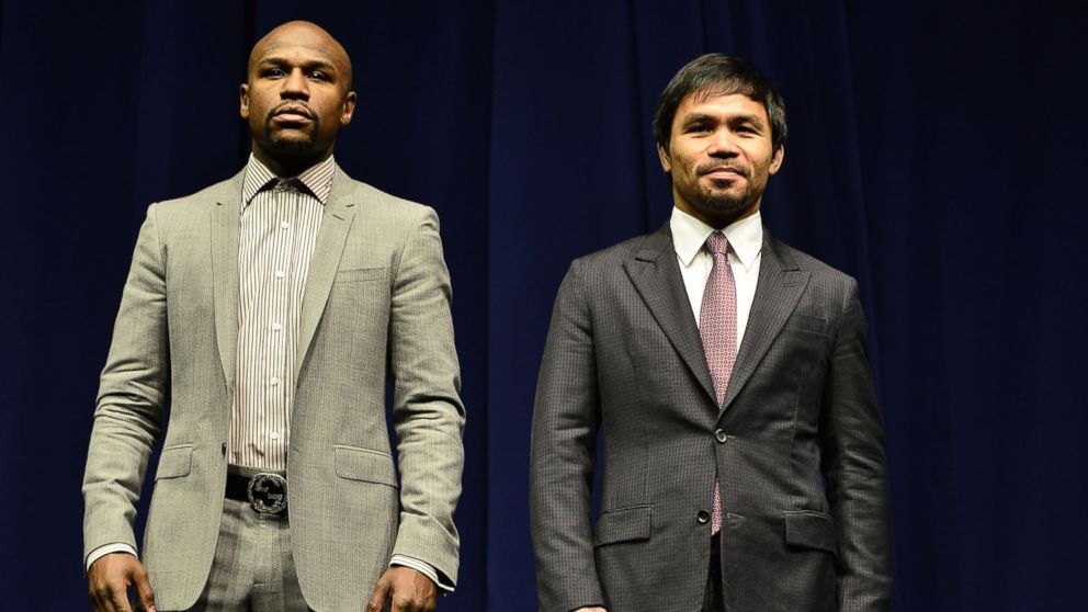 Floyd Mayweather and Manny Pacquiao attend a press conference at Nokia Theatre L.A. Live on March 11, 2015 in Los Angeles, Calif.  