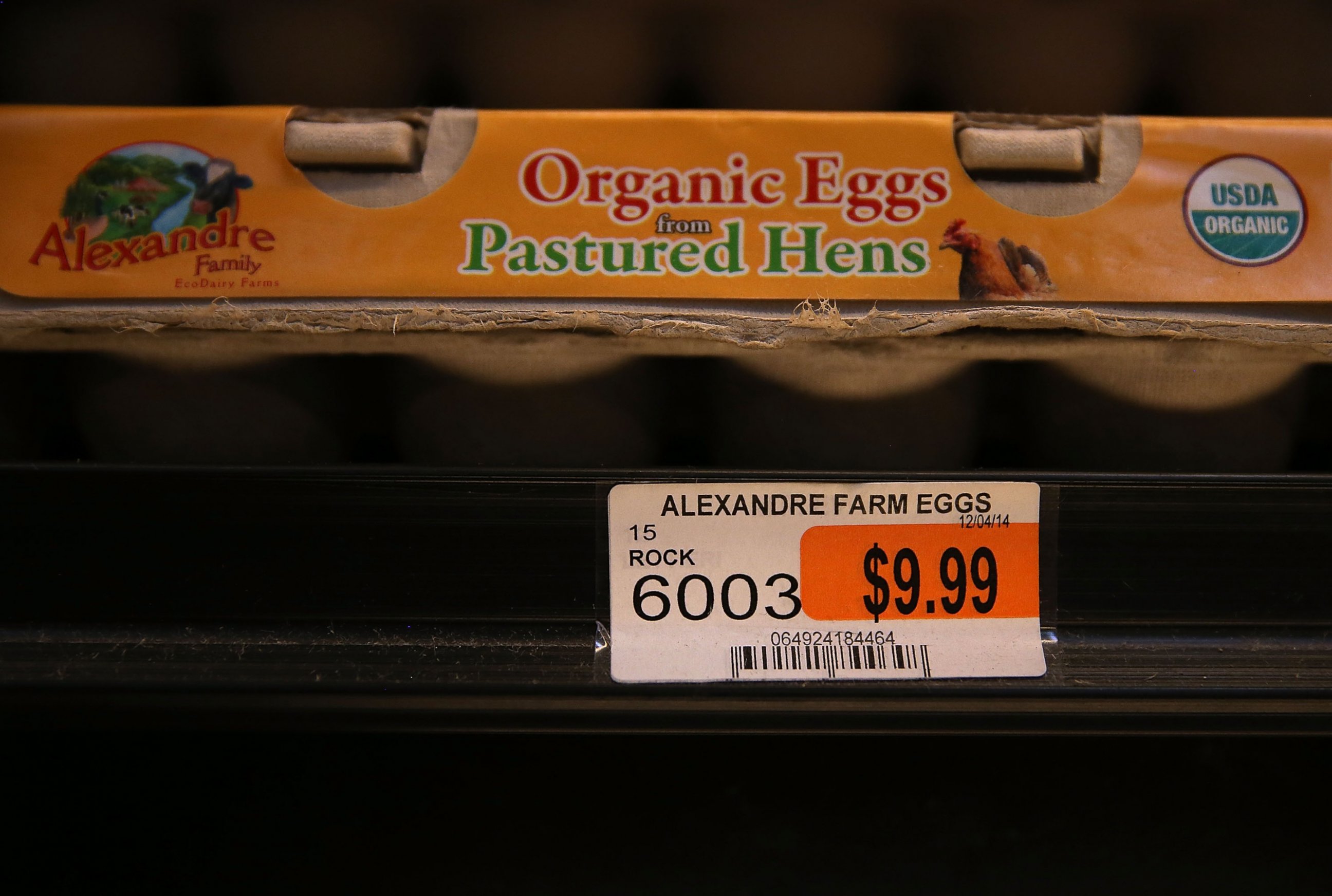 PHOTO: Cartons of eggs are displayed on a shelf at the Marina Supermarket on July 17, 2015 in San Francisco.