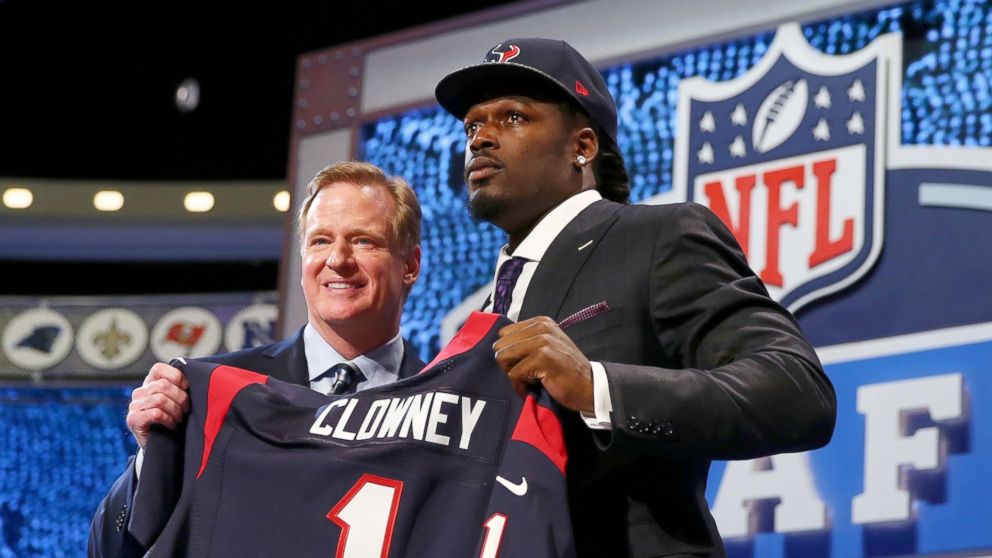 PHOTO: NFL Commissioner Roger Goodell stands with Jadeveon Clowney after he was picked in the 2014 NFL Draft at Radio City Music Hall on May 8, 2014 in New York City.