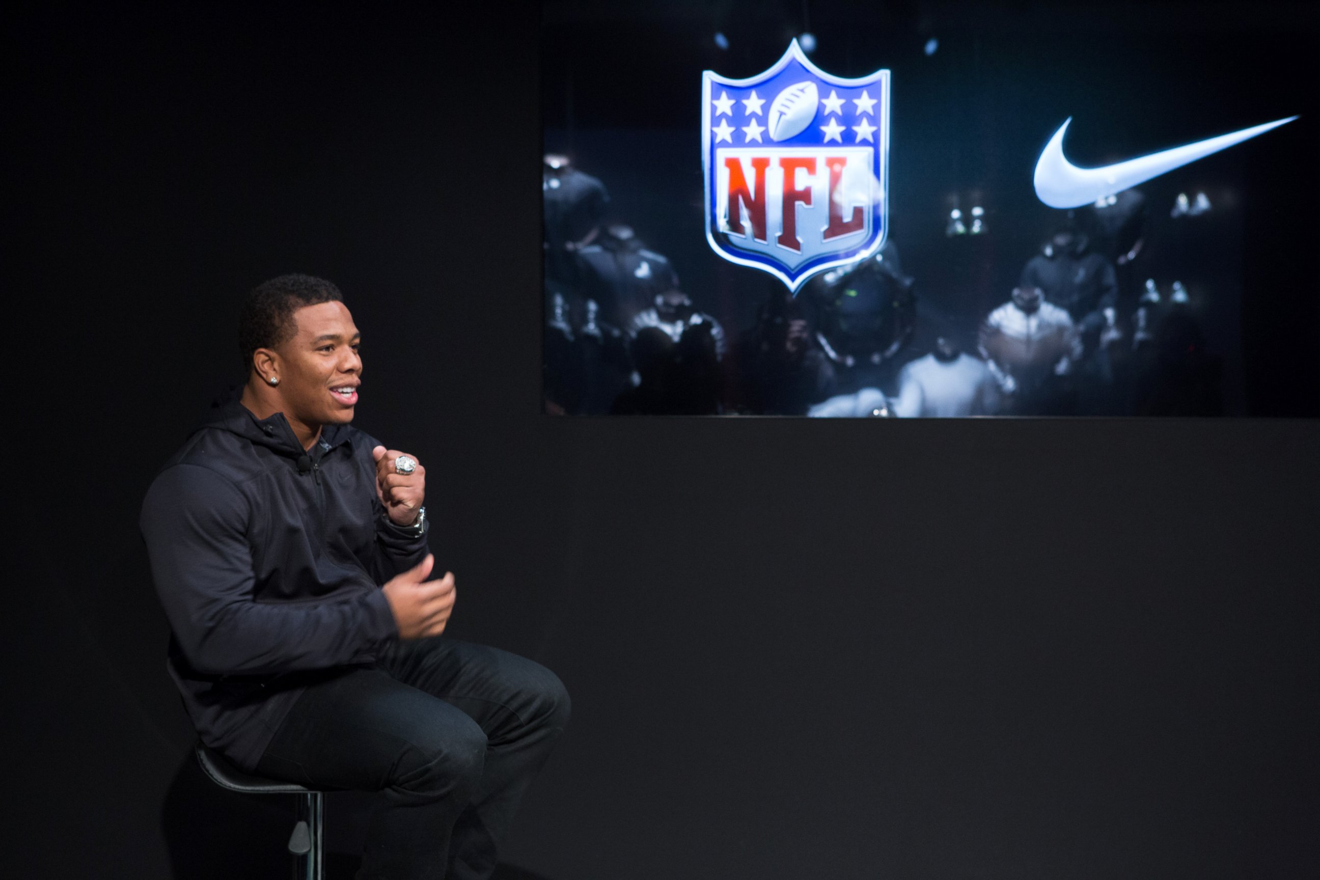 PHOTO: Ray Rice speaks at the 2014 NFL Nike Silver Speed Collection unveiling for Super Bowl XLVIII on Jan. 9, 2014 in New York City.