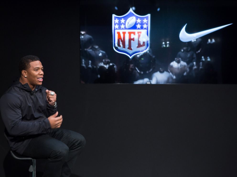 PHOTO: Ray Rice speaks at the 2014 NFL Nike Silver Speed Collection unveiling for Super Bowl XLVIII on Jan. 9, 2014 in New York City.