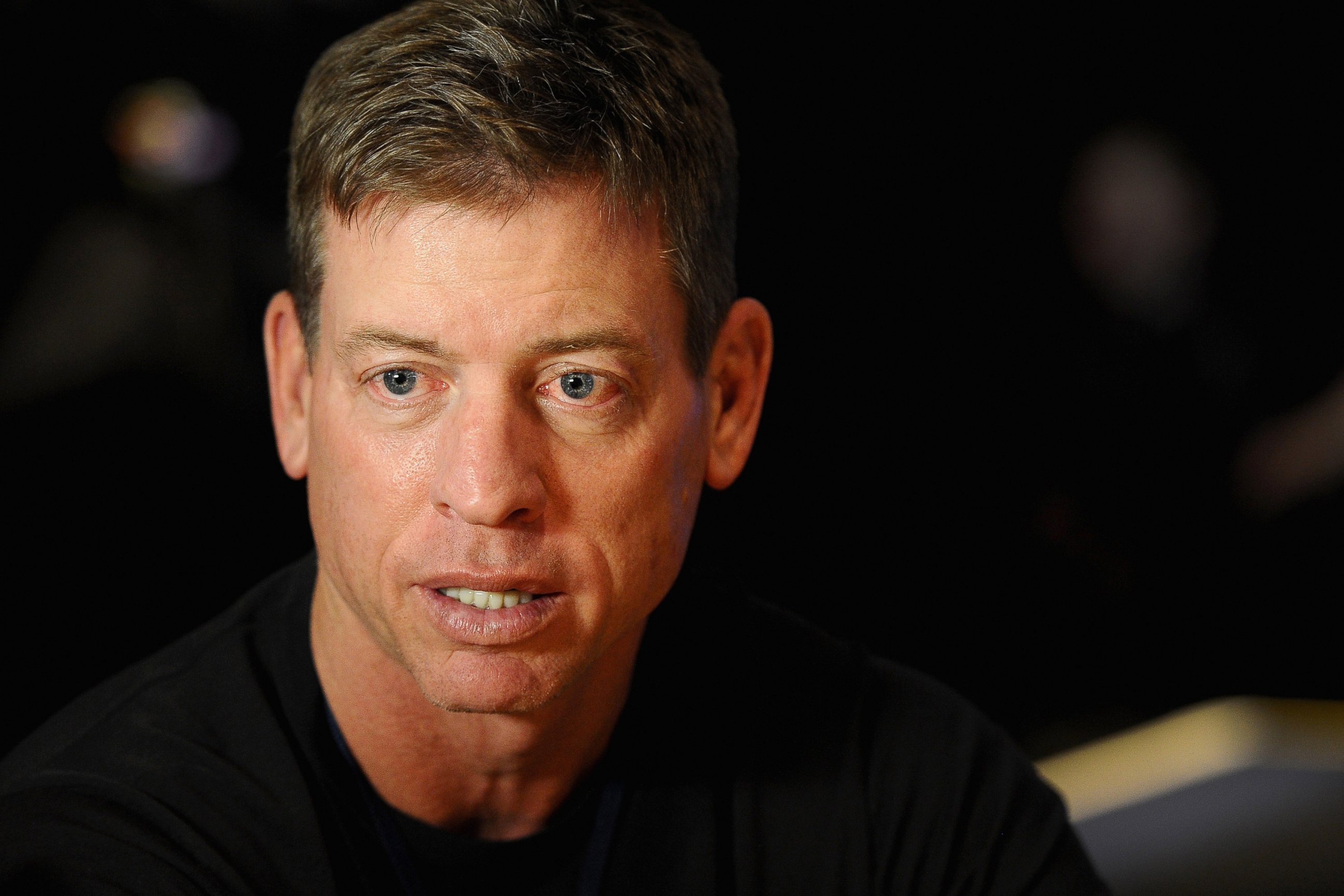 PHOTO: Troy Aikman, former NFL player and current NFL analyst answers questions from the press at Super Bowl XLVIII Media Center on Jan. 28, 2014, in New York City. 