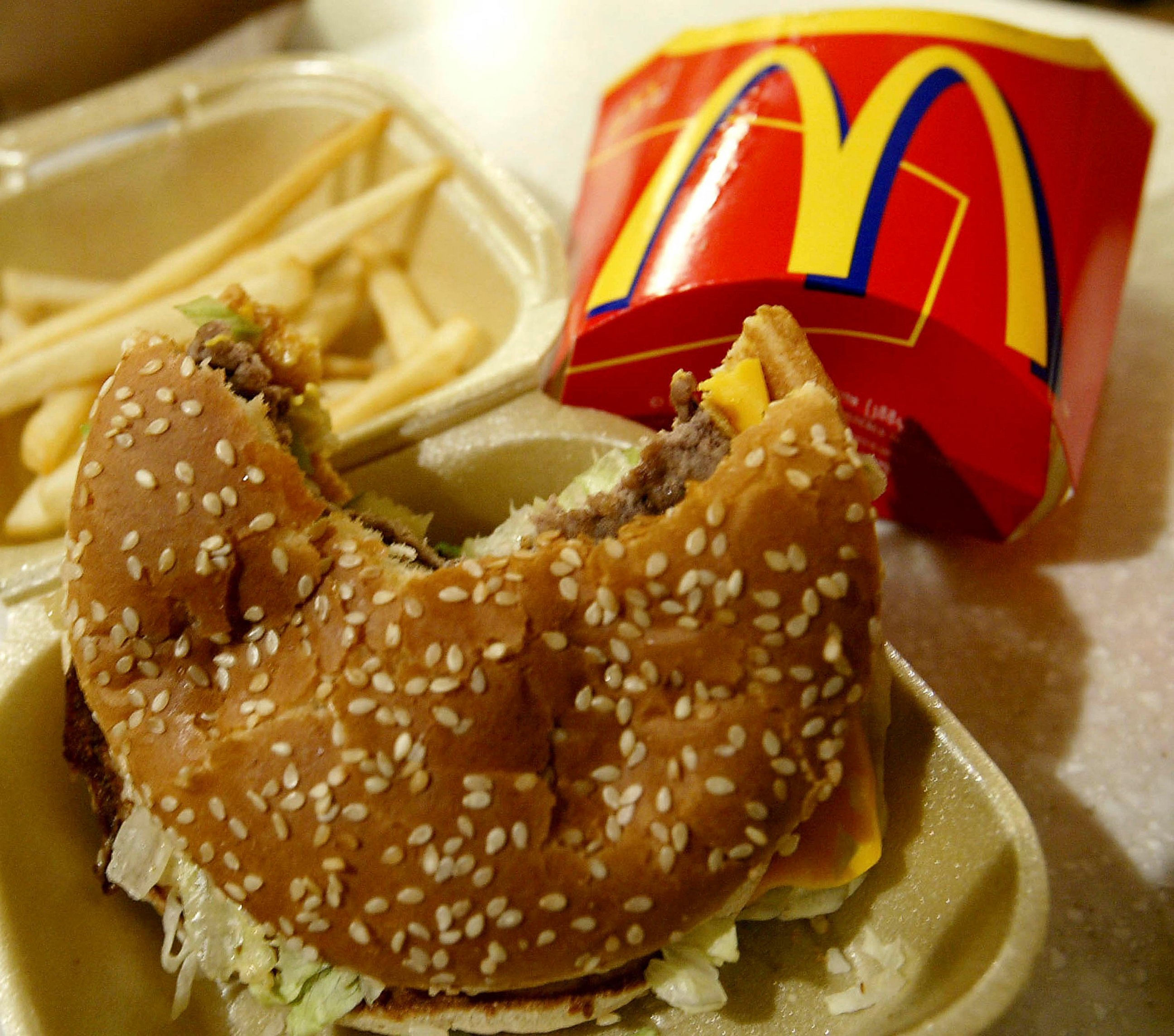 PHOTO: Food lies on the counter at a McDonalds restaurant on Nov. 27, 2003 in London.  