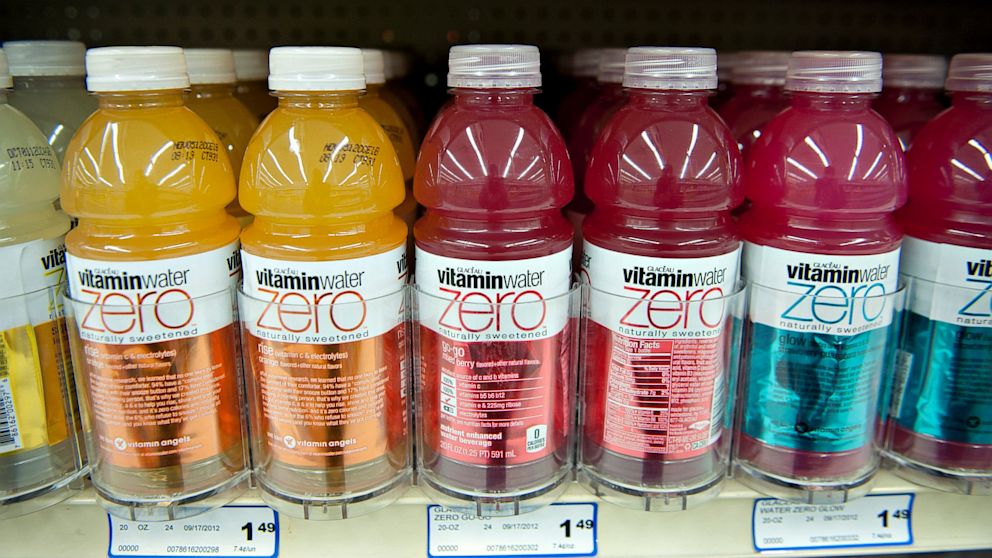 PHOTO: Coca-Cola Co. Glaceau vitamin water brand bottled water sits on display in a supermarket in Princeton, Illinois, U.S., in this Oct. 12, 2012 file photo. 