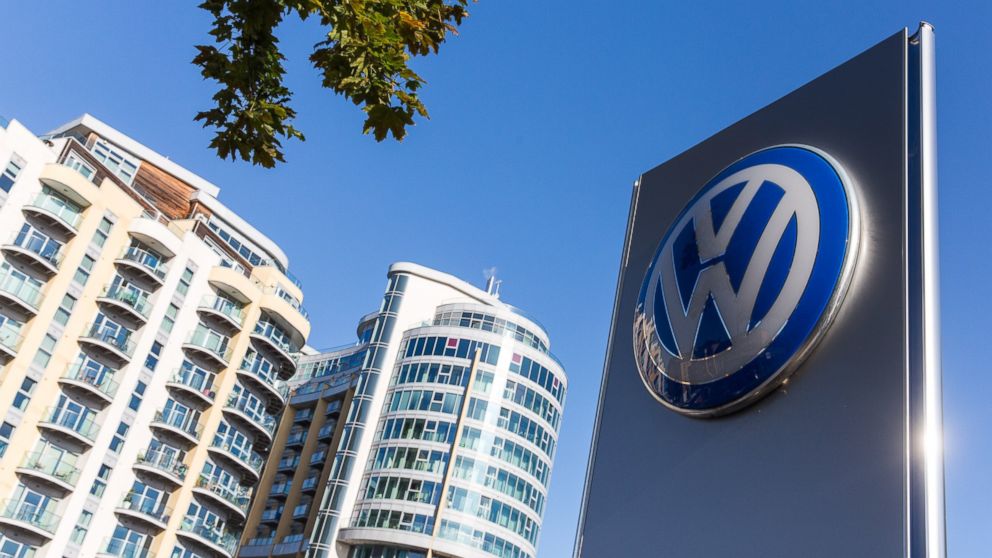The logo of German manufacturer Volkswagen is seen outside a dealership in Battersea, Sept. 25, 2015, in London.
