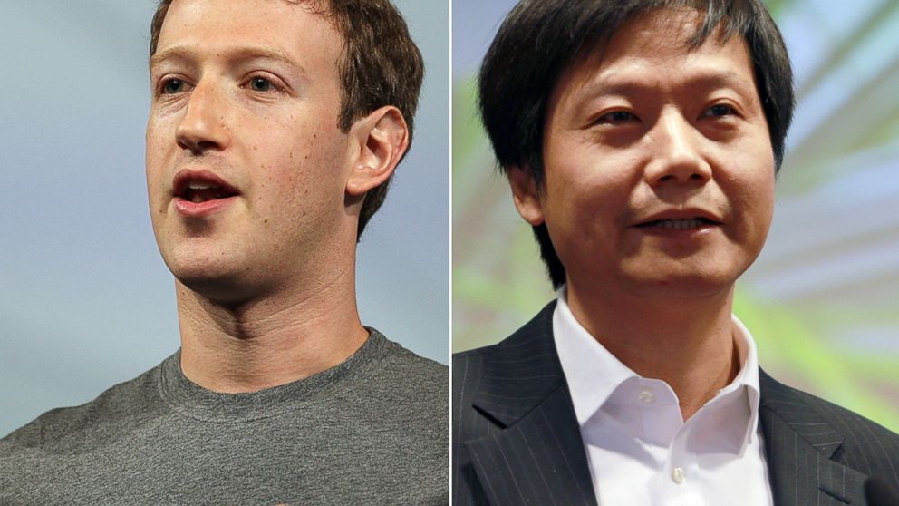 Right, Facebook CEO Mark Zuckerberg delivers the opening keynote at the Facebook f8 conference, April 30, 2014. Lei Jun, chairman and CEO of China's Xiaomi Inc., gives a lecture during his alma mater Wuhan University's 121th anniversary, Nov. 29, 2014.