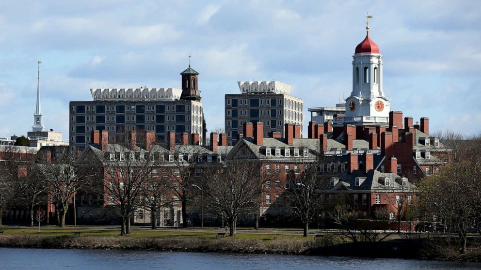 PHOTO: A general view of Harvard University campus is seen on April 22, 2020, in Cambridge, Mass.