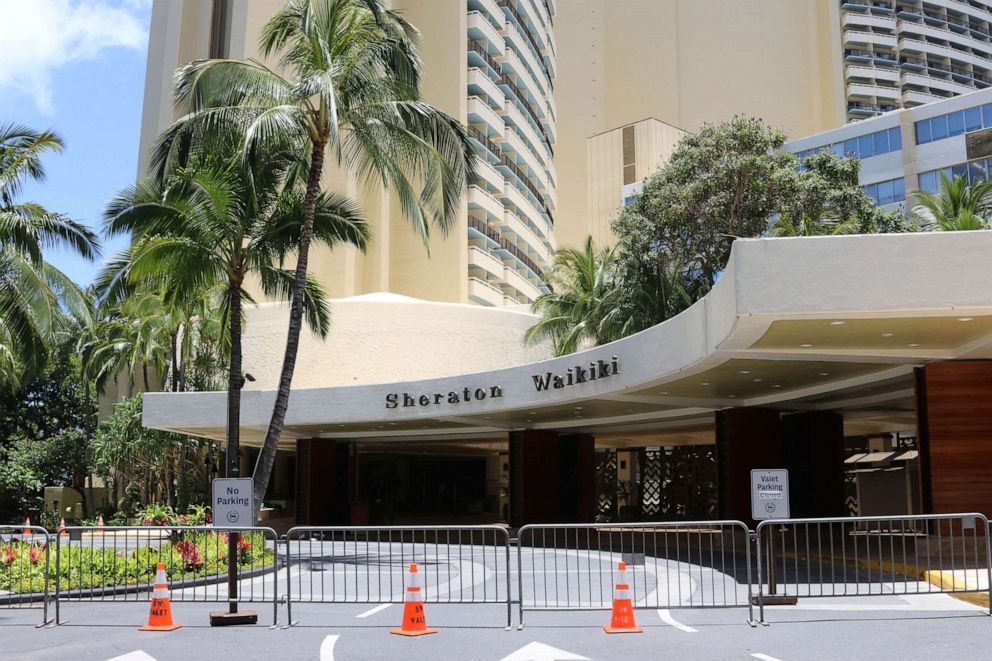 PHOTO: In this photo taken June 5, 2020, barriers block off the entrance to the temporarily closed Sheraton Waikiki hotel in Honolulu.