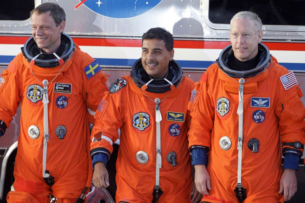 PHOTO: From left, astronaut Christer Fuglesang, mission specialist's Jose Hernandez and mission specialist Patrick Forrester during a launch dress rehearsal at the Kennedy Space Center in Cape Canaveral, Fla., Aug. 7, 2009.