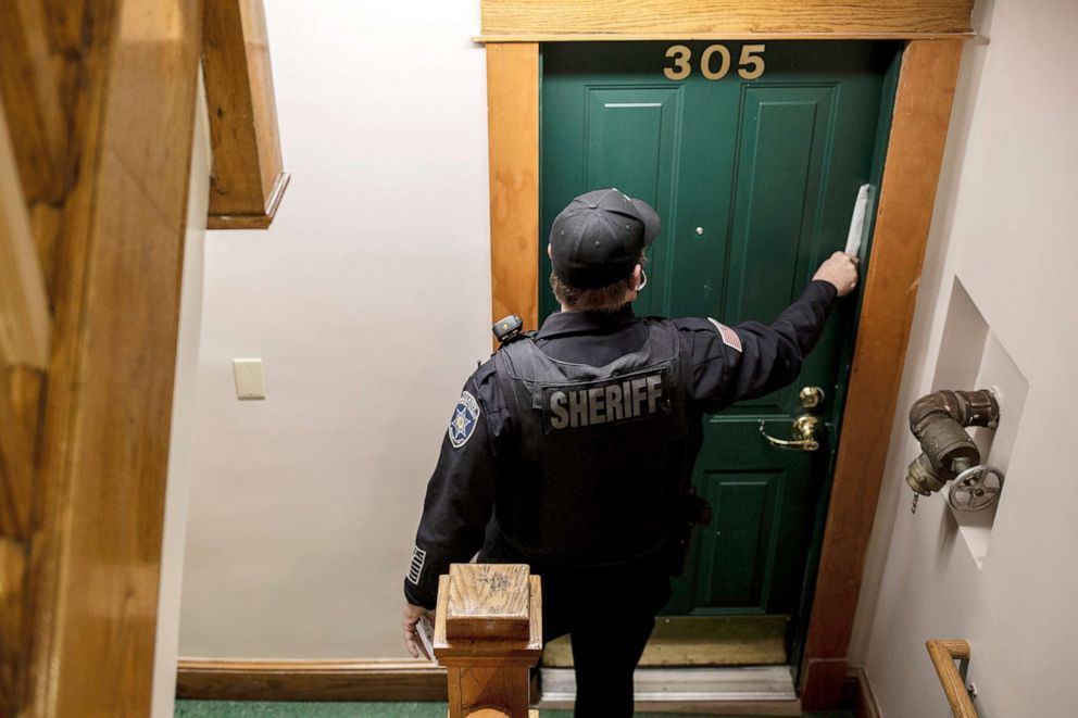 PHOTO: FILE -- An eviction notice is placed in the doorway of an apartment in Springfield, Mass., on Dec. 16, 2020. 