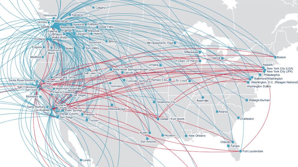 PHOTO: A map released by Alaska Airlines and Virgin America shows the routes flown by the two carriers in the United States.