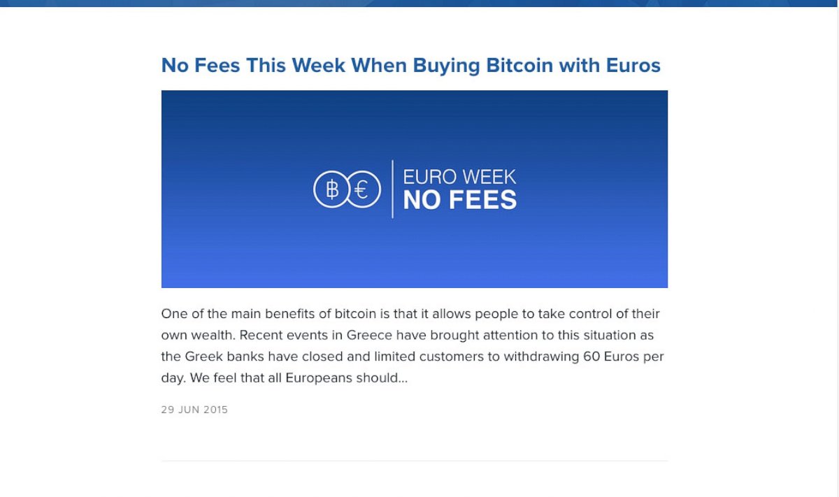 PHOTO: The Coinbase website offers a promotion to customers who exchange euros, July 1, 2015. Coinbase offers customers the ability to buy and sell bitcoin with euros in 24 European countries, including Greece.