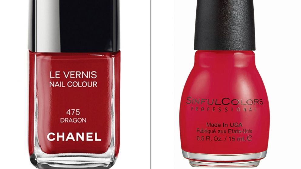 A $27.00 bottle of Le Vernis Nail Colour from Chanel is seen with a $2.00 bottle of 'GoGo Girl' nail polish from Sinful Colors.