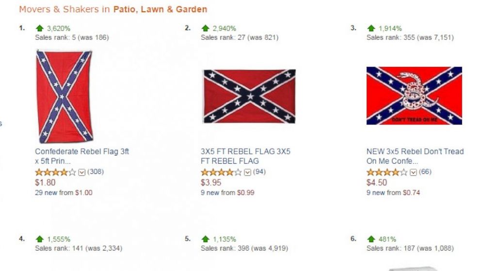 PHOTO: A view of the Amazon "Movers & Shakers" list created on June 23, 2015 shows a jump in popularity of Confederate flags. 
