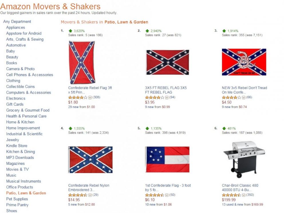 PHOTO: A view of the Amazon "Movers & Shakers" list created on June 23, 2015 shows a jump in popularity of Confederate flags. 