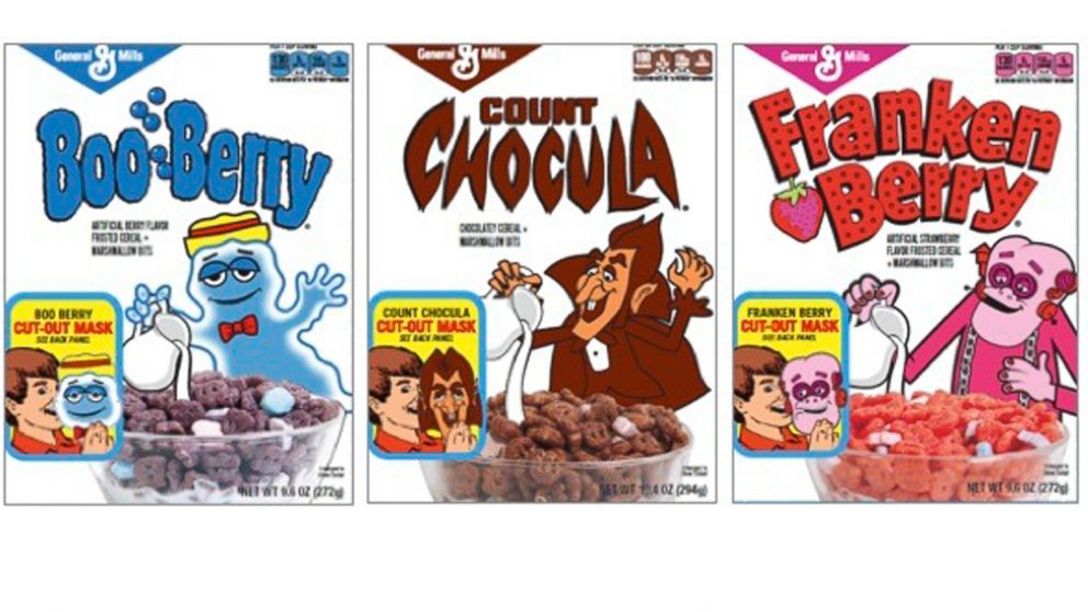 PHOTO: General Mills released this photo of throwback cereal boxes Boo-Berry, Count Chocula and Franken Berry. 