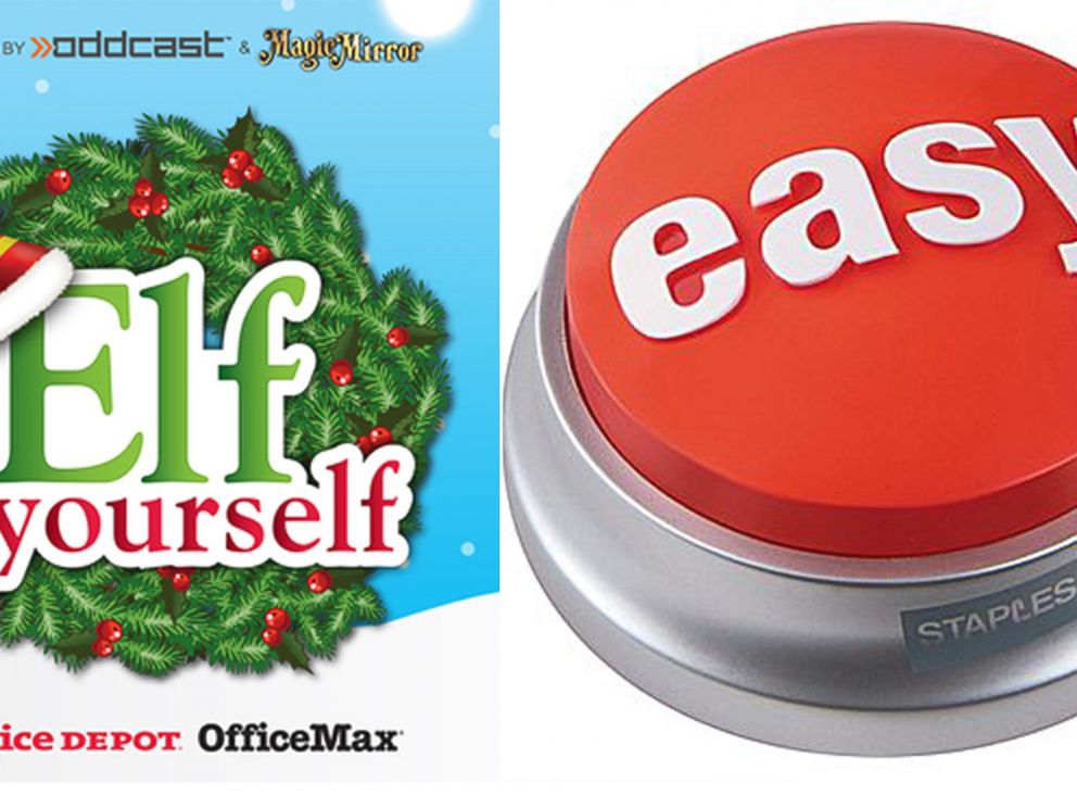 PHOTO: Office Depot's "ElfYourself" game, left, and Staples' Easy button, right.