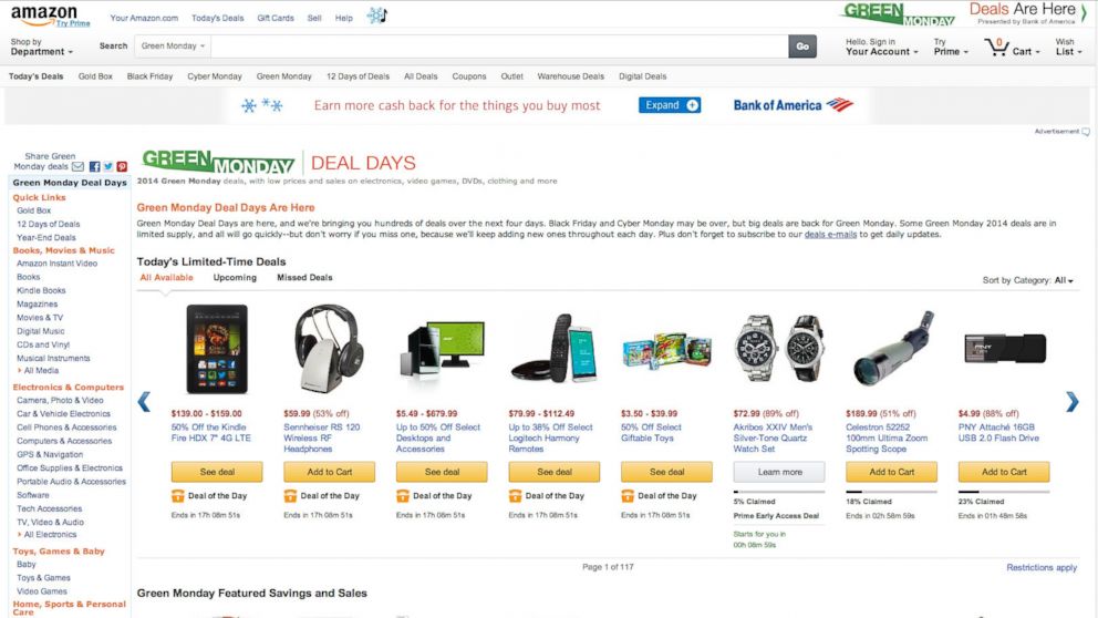 Green Monday deals appear on this screen grab from Amazon.com.