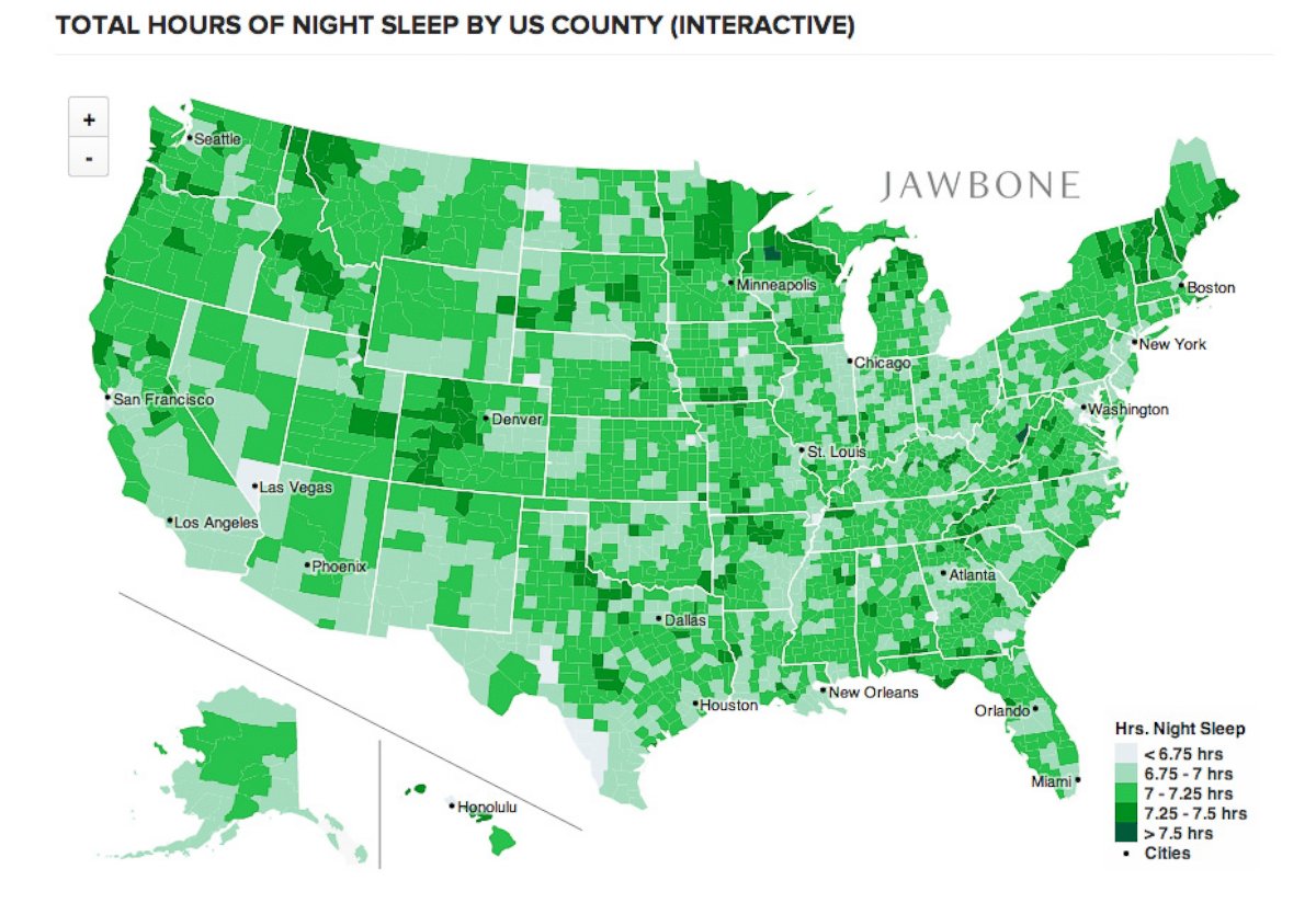 PHOTO: Total hours of night sleep by U.S. county, according to Jawbone UP users.