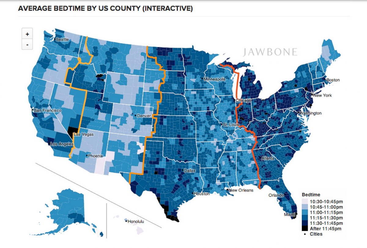 PHOTO: Average bedtime by U.S. county, according to Jawbone UP users.