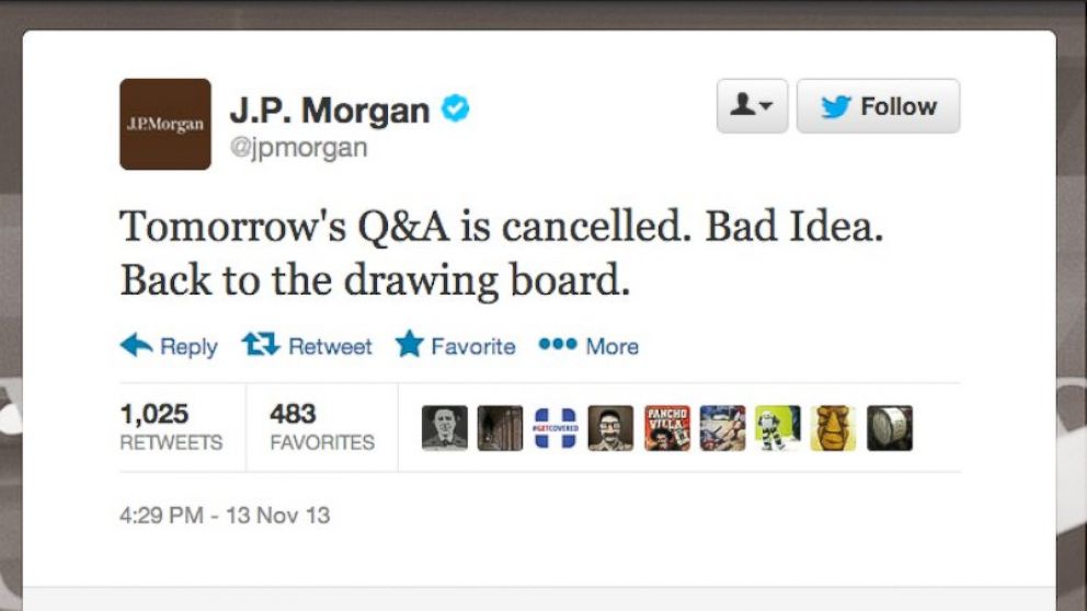 PHOTO: J.P. Morgan decided to cancel the Twitter Q&A event after a slew of jokes were directed at #AskJPM.