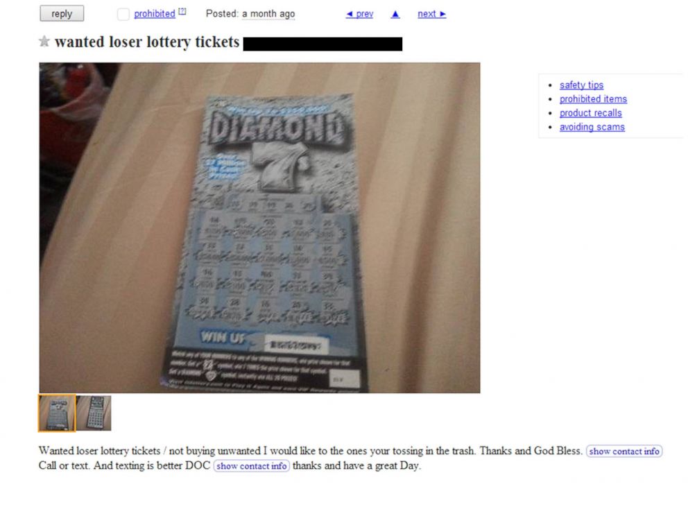 PHOTO: An ad posted to Craigslist in Tennessee asking for losing lottery tickets. 