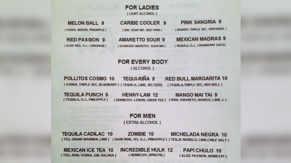 PHOTO: The drink menu for the Los Pollitos III restaurant in Brooklyn, N.Y. lists different categories of drinks for women and men with respectively lower and higher levels of alcohol. 